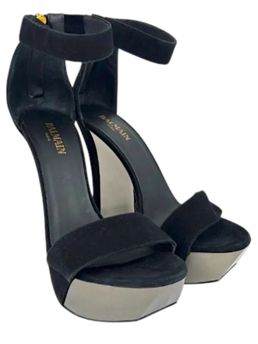 NIB Balmain Black Suede Ankle-Strap Platform Sandals with Mirrored Platform